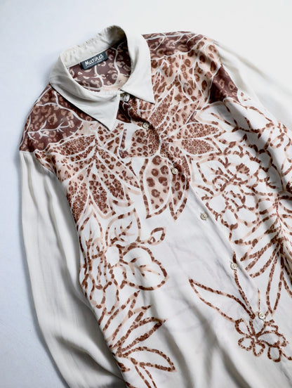 90-00s viscose botanical pattern shirt beige-brown