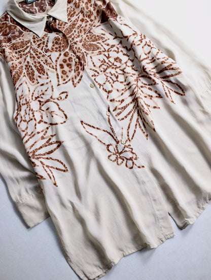 90-00s viscose botanical pattern shirt beige-brown