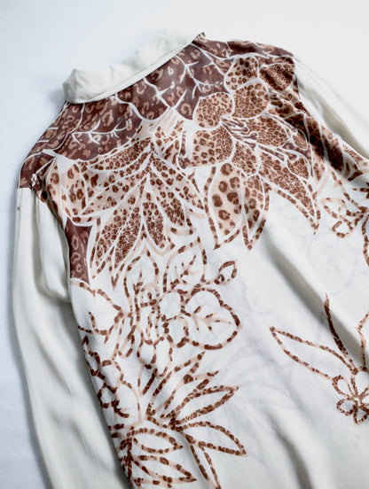 90-00s viscose botanical pattern shirt beige-brown