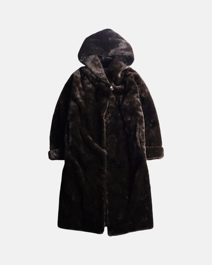 fake fur hooded long coat brown