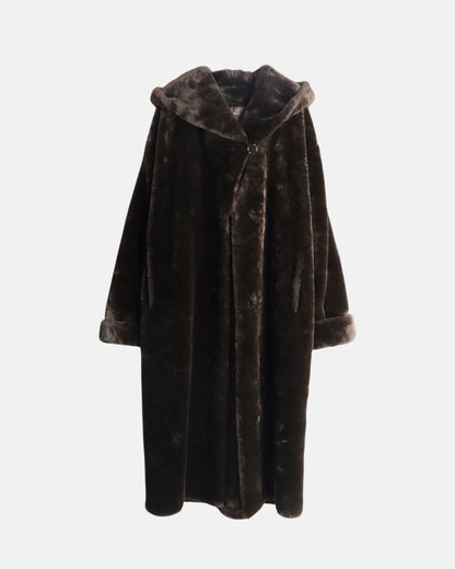fake fur hooded long coat brown